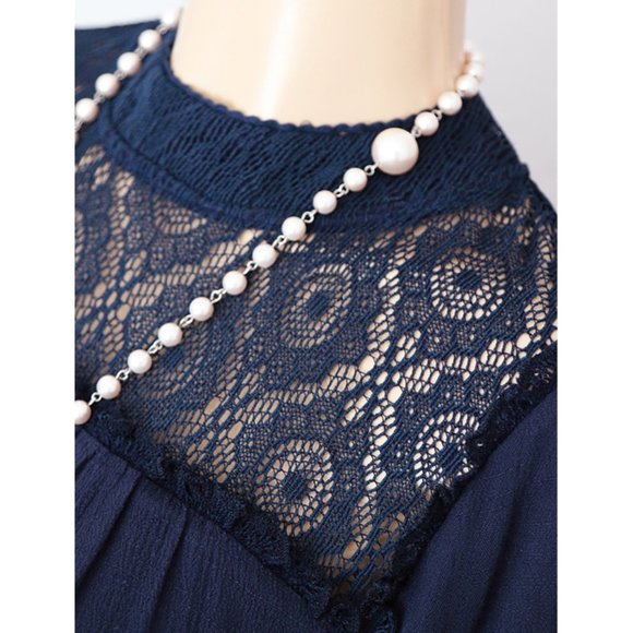 Navy Blue Boho Crochet Lace Mock Neck Shift Dress - Picture 7 of 10